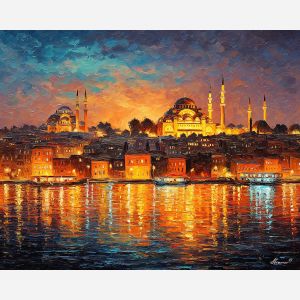 istanbul skyline,bosphorus,domes,minarets,oil painting,afremov style,golden light