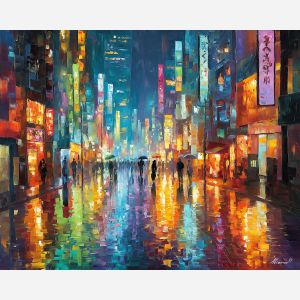 tokyo rain,neon street,japan city,oil painting,afremov style