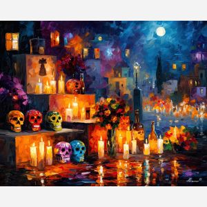 day of the dead, mexican tradition, oil painting, candles, ofrenda, afremov style, cultural celebration