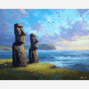 easter island moai, stone statues, oil painting, world wonder, ocean landscape, painterly texture, calm atmosphere, historic site, detailed oil