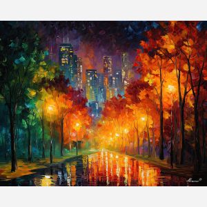 fantasy forest city, glowing leaves, oil painting, magical world, warm colors, painterly texture