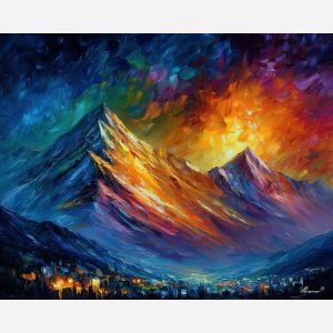 fantasy mountains, rainbow light, oil painting, magical world, glowing landscape, painterly texture, dreamlike scenery