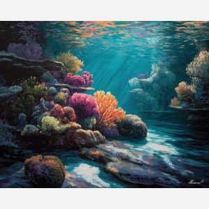great barrier reef, coral reef, oil painting, world wonder, underwater landscape, painterly texture, calm atmosphere, detailed oil