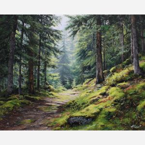 oregon forest, evergreen trees, oil painting, usa landscape, forest trail, mossy woods, painterly texture, calm scenery, detailed oil, serene mood