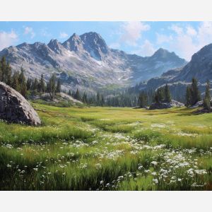 sierra nevada meadow, alpine landscape, oil painting, usa landscape, mountain meadow, painterly texture, calm scenery, clear sky, detailed oil, serene mood