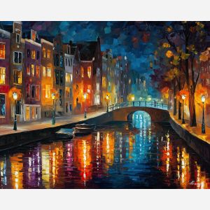 fantasy canal city, glowing lanterns, oil painting, magical world, night reflections, painterly texture, dreamy cityscape