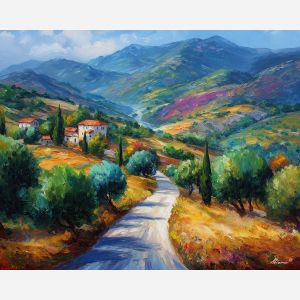 greek countryside,olive trees,oil painting,afremov style