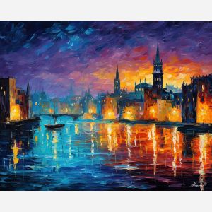 fantasy ocean city, glowing waves, oil painting, magical world, twilight sea, painterly texture