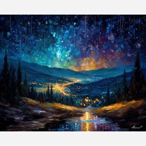 fantasy valley, falling stars, oil painting, magical world, glowing paths, painterly texture, dreamy scenery, colorful night sky