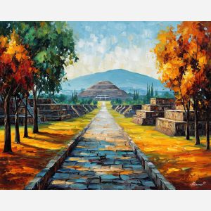 teotihuacan ruins, ancient avenue, oil painting, historic mexico, afremov style, stone architecture
