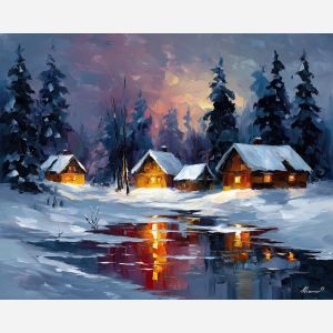 norway winter cabins,snow landscape,oil painting,afremov style