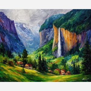 lauterbrunnen valley,waterfall,switzerland,oil painting,afremov style