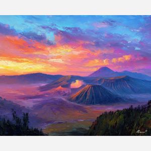 mount bromo,sunrise volcano,oil painting,afremov style