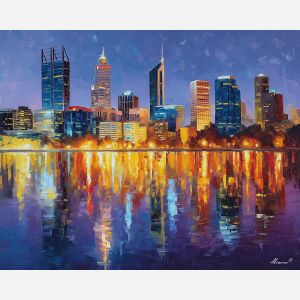 perth river,city skyline,oil painting,afremov style