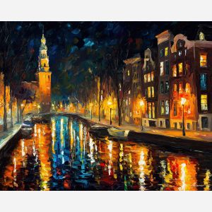 amsterdam night canal,city lights,oil painting,afremov style