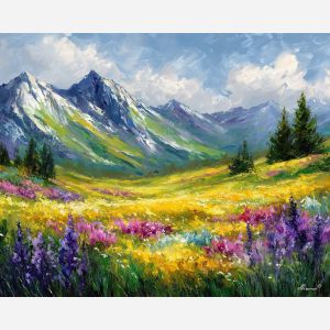 alpine meadow,swiss flowers,oil painting,afremov style