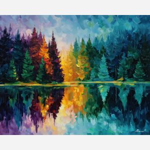 swedish lake,forest reflection,oil painting,afremov style