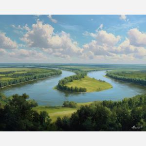 mississippi river, river bend, oil painting, usa landscape, midwest scenery, painterly texture, calm scenery, open sky, detailed oil, serene mood