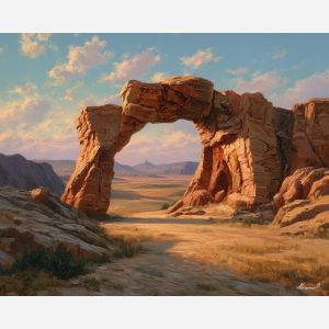 desert arch, red rock, oil painting, usa landscape, southwest desert, sandstone, painterly texture, calm scenery, open sky, detailed oil, serene mood, american desert, peaceful land, natural formation, warm tones