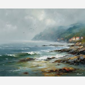 galicia coast,foggy shoreline,oil painting,afremov style