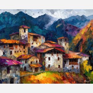 andean village,stone homes,oil painting,afremov style