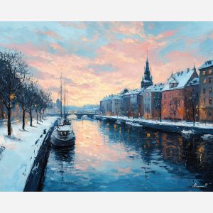 stockholm winter,canal snow,oil painting,afremov style