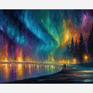 fantasy gateway, aurora sky, oil painting, magical world, glowing city, painterly texture, colorful light