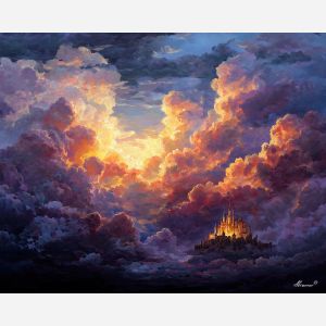 fantasy citadel, glowing clouds, oil painting, magical world, floating fortress, painterly texture