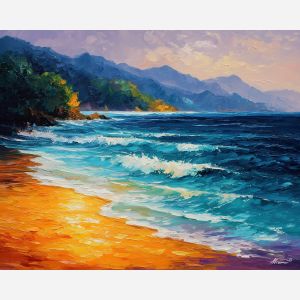 nelson coast,new zealand beach,oil painting,morning light,afremov style