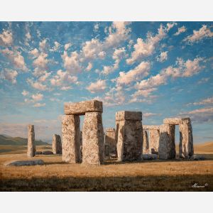 stonehenge, ancient stone circle, oil painting, world wonder, open plains, painterly texture, calm atmosphere, historic monument, detailed oil