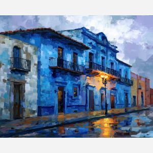 puebla mexico, colonial architecture, oil painting, blue tiles, afremov style
