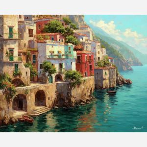 amalfi coast, cliffside village, oil painting, world wonder, mediterranean scenery, painterly texture, calm atmosphere, detailed oil