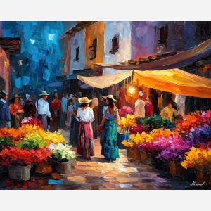 oaxaca market, mexican culture, oil painting, colorful textiles, afremov style, traditional life, vibrant colors