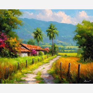 costa rica farm road,rural landscape,oil painting,afremov style