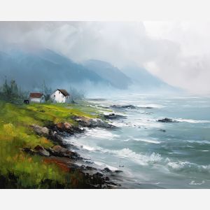 ireland misty coast,atlantic shoreline,oil painting,afremov style