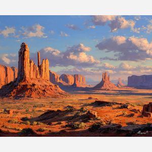 monument valley, sandstone buttes, oil painting, usa landscape, desert southwest, painterly texture, calm scenery, dawn light, detailed oil, serene mood