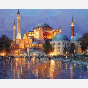 hagia sophia, domed architecture, oil painting, world wonder, historic building, soft light, painterly texture, calm atmosphere, detailed oil