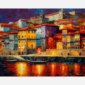 porto riverfront,douro river,oil painting,afremov style