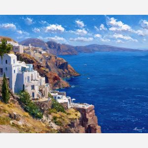 santorini caldera, greek island, oil painting, world wonder, white architecture, painterly texture, calm atmosphere, coastal view, detailed oil
