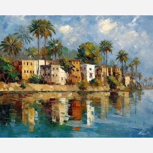 aswan nile,egypt riverbank,oil painting,afremov style
