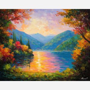 hakone lake,japan landscape,oil painting,afremov style