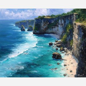 indonesia coast cliffs,oil painting,afremov style