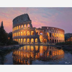 roman colosseum, ancient amphitheater, oil painting, world wonder, historic architecture, evening light, painterly texture, calm atmosphere, detailed oil