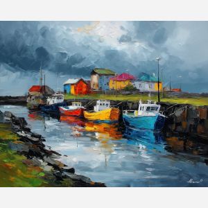 iceland fishing harbor,coastal life,oil painting,afremov style