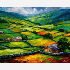irish farmland,stone walls,oil painting,afremov style