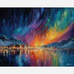 ice city,fantasy aurora,magical architecture,oil painting,afremov style