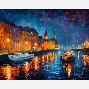 fantasy harbor,magical city,falling stars,oil painting,afremov style