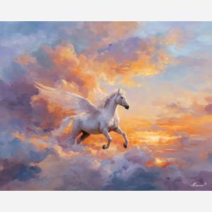pegasus fantasy,clouds sunrise,oil painting,afremov style
