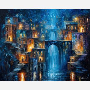 waterfall city,fantasy architecture,oil painting,afremov style