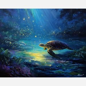 fantasy turtle,glowing lagoon,oil painting,afremov style